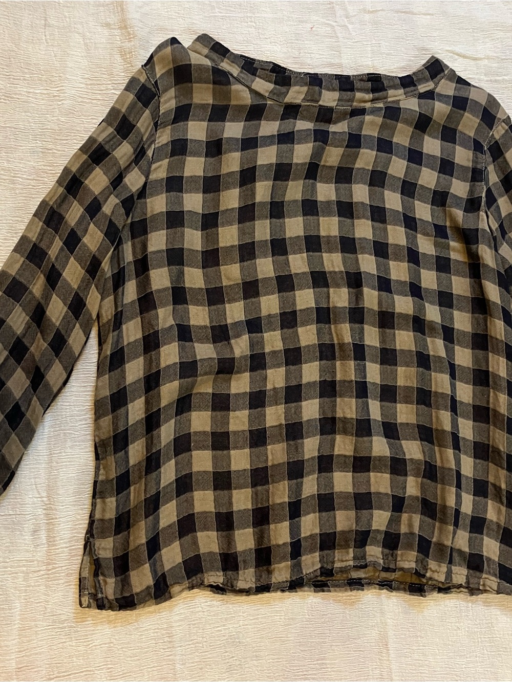 Navy and Tan Plaid Long Sleeve Top